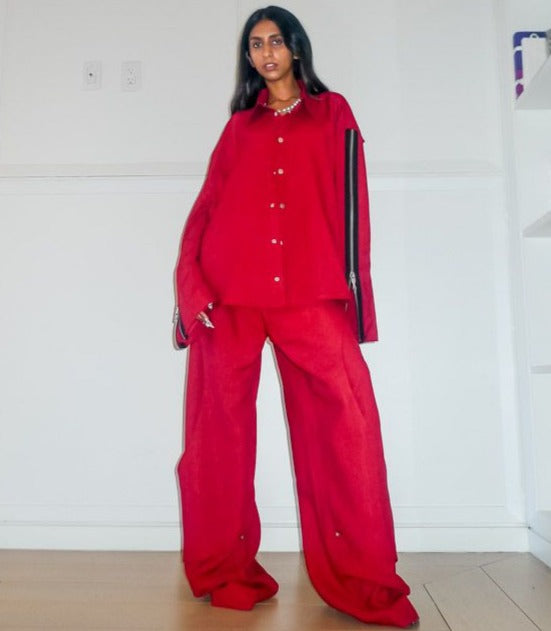 Red Superwool Asymmetric Cutout Shirt &amp; Overlay Layered Pants